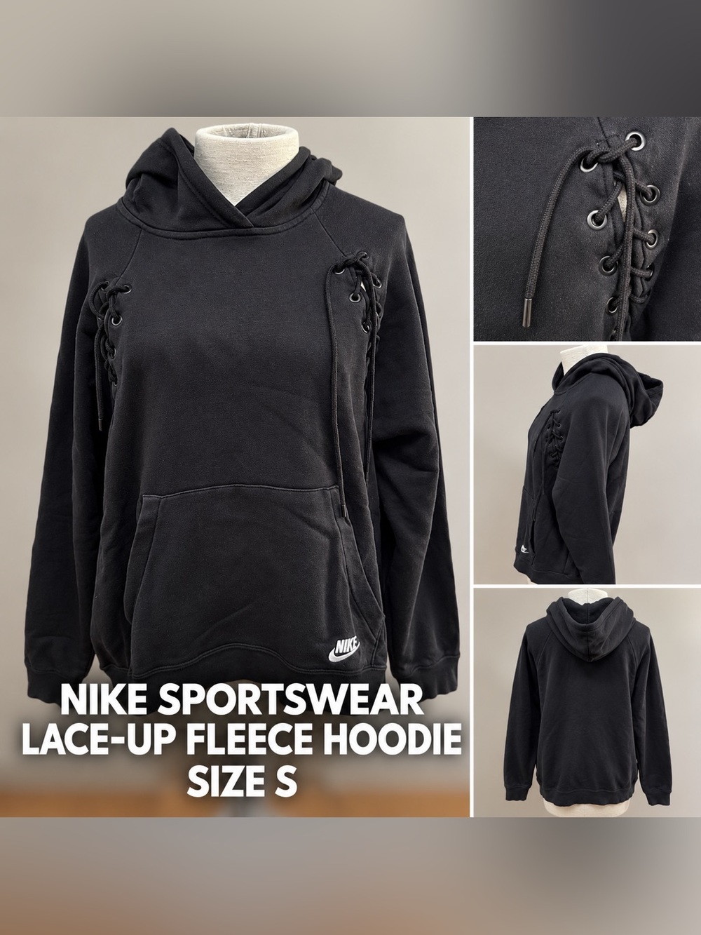 Nike Sportswear Essential Fleece Lace Up Hoodie Black Women’s Small